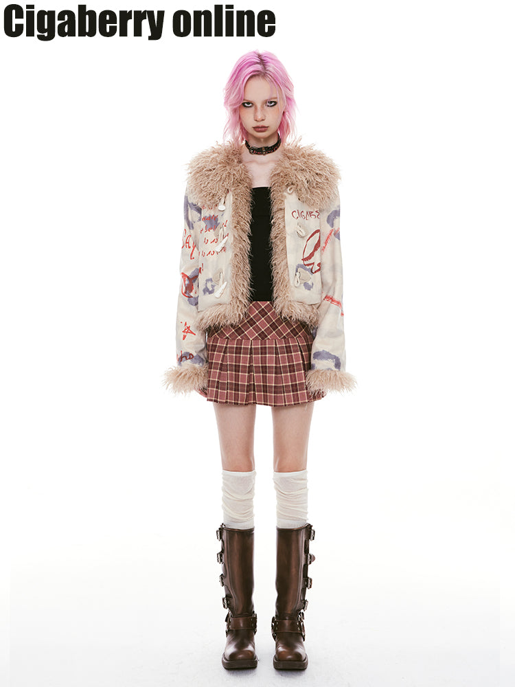 Paint Leather Fur Toggle-Button Vintage Jacket