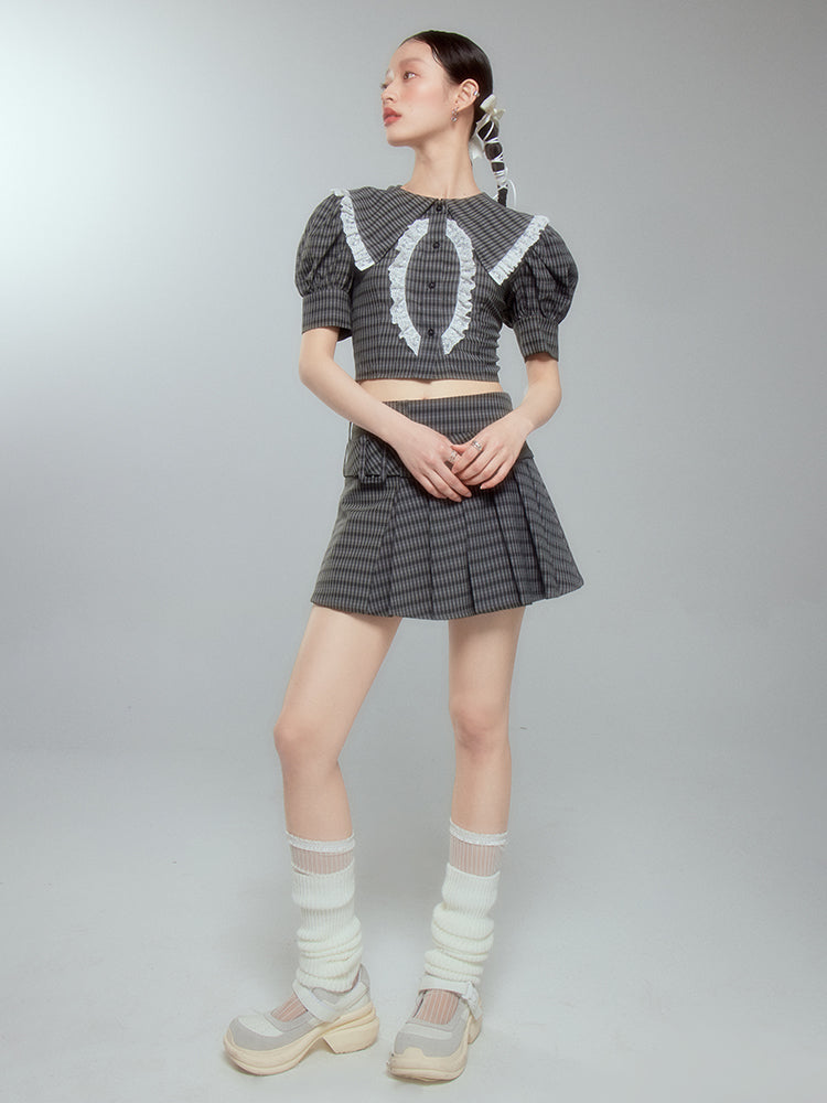 Lace Checked Girly Pleats Blouse&Short-Skirt