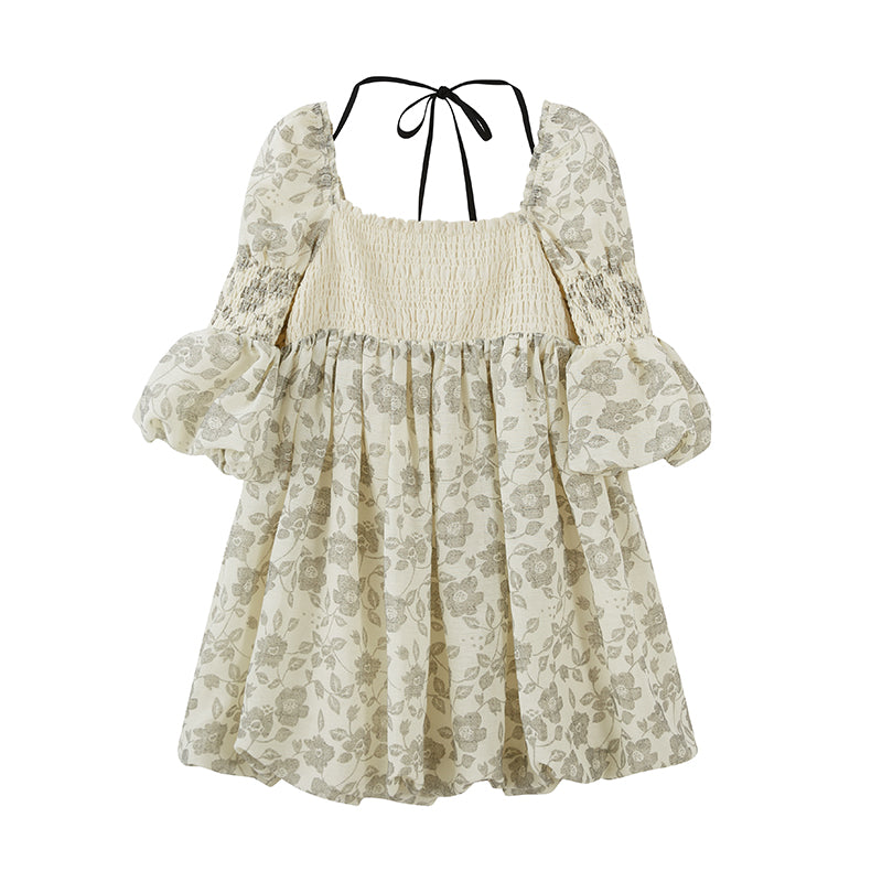 Balloon Flower Princess Puff-sleeves Gather Retro One-piece