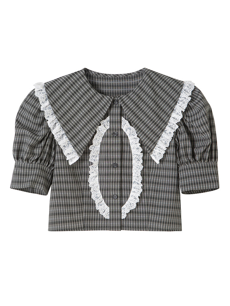 Lace Checked Girly Pleats Blouse&Short-Skirt