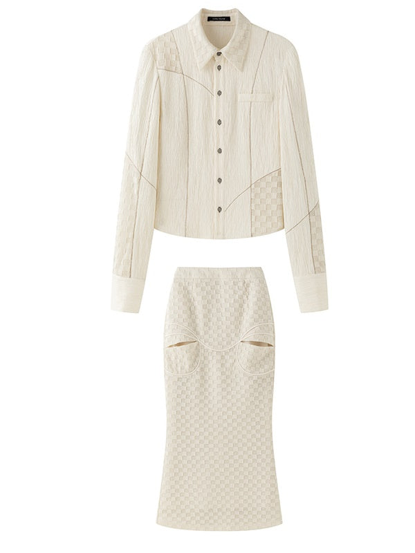 Fishtail Patchwork Chedked Chic Shirt&Long-Skirt