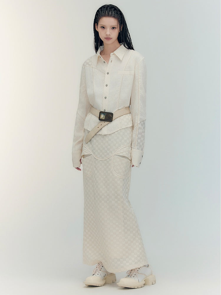 Fishtail Patchwork Chedked Chic Shirt&Long-Skirt