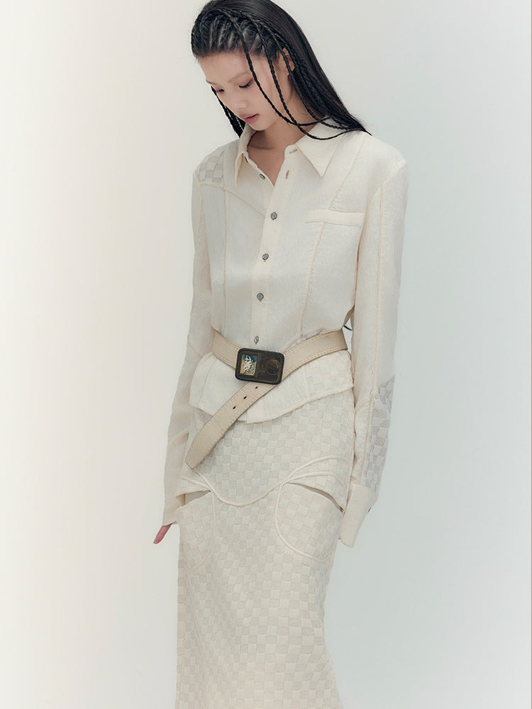 Fishtail Patchwork Chedked Chic Shirt&Long-Skirt
