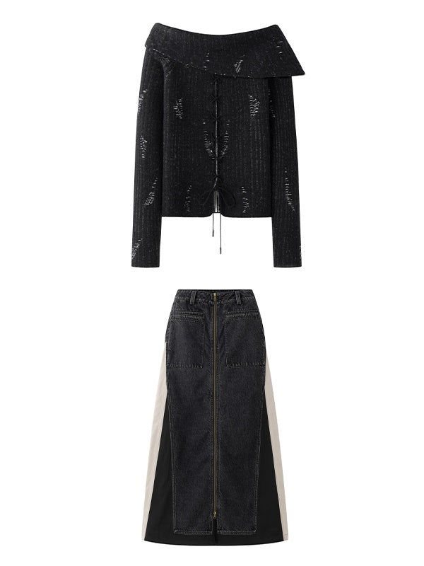 Off-Shoulder Denim Casual Dark Knit&Denim-Skirt
