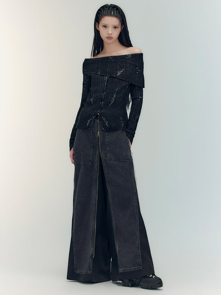 Off-Shoulder Denim Casual Dark Knit&Denim-Skirt