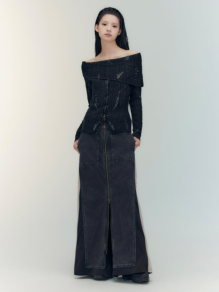 Off-Shoulder Denim Casual Dark Knit&Denim-Skirt