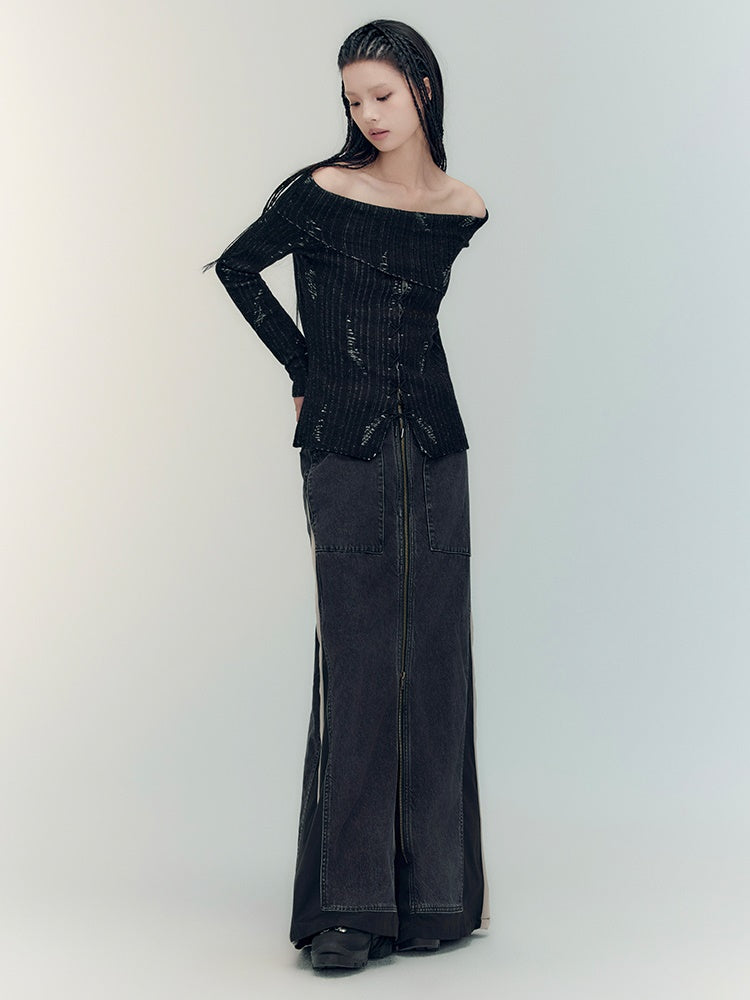 Off-Shoulder Denim Casual Dark Knit&Denim-Skirt