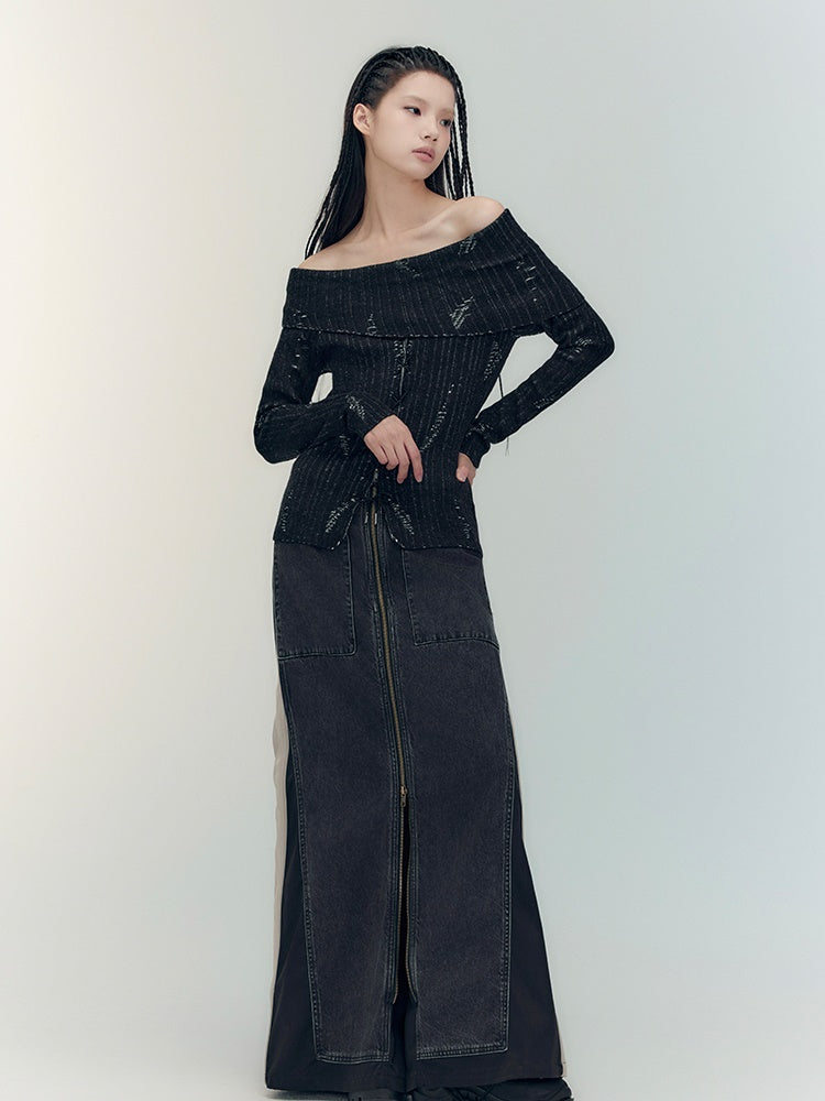 Off-Shoulder Denim Casual Dark Knit&Denim-Skirt