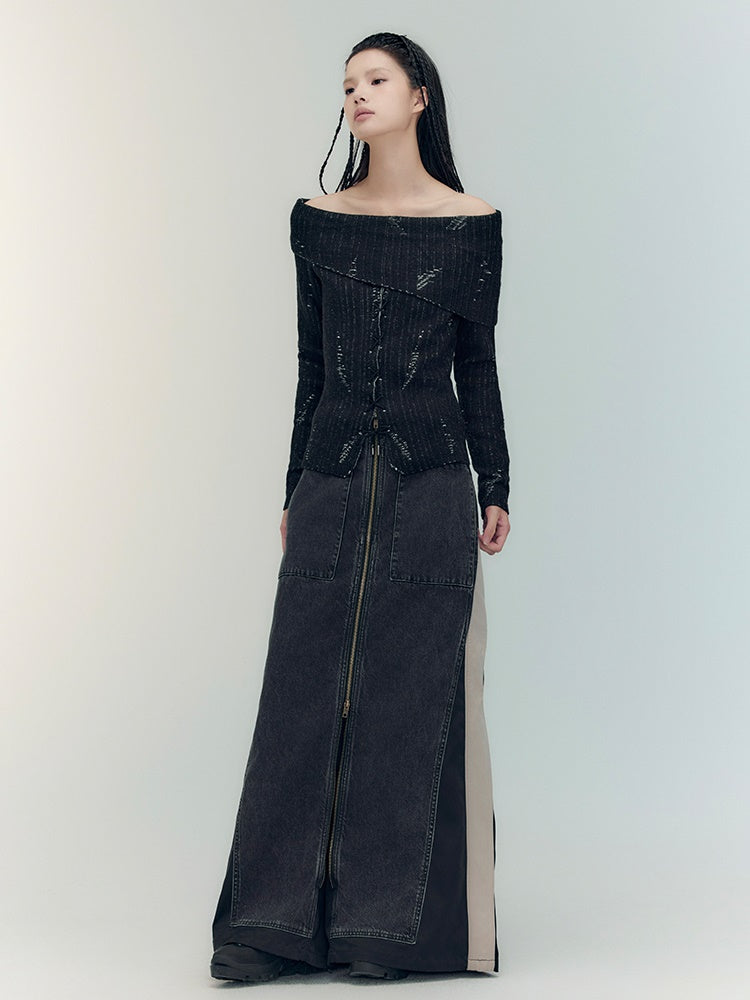 Off-Shoulder Denim Casual Dark Knit&Denim-Skirt