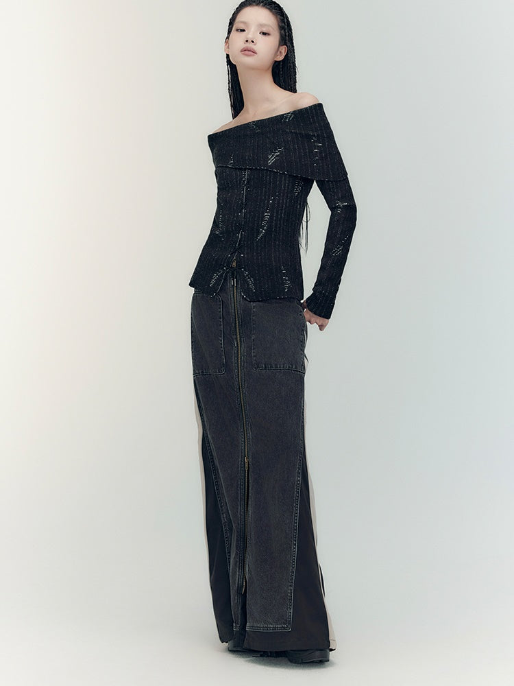 Off-Shoulder Denim Casual Dark Knit&Denim-Skirt