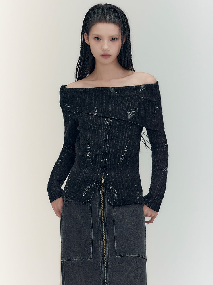 Off-Shoulder Denim Casual Dark Knit&Denim-Skirt