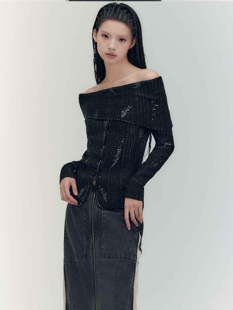 Off-Shoulder Denim Casual Dark Knit&Denim-Skirt