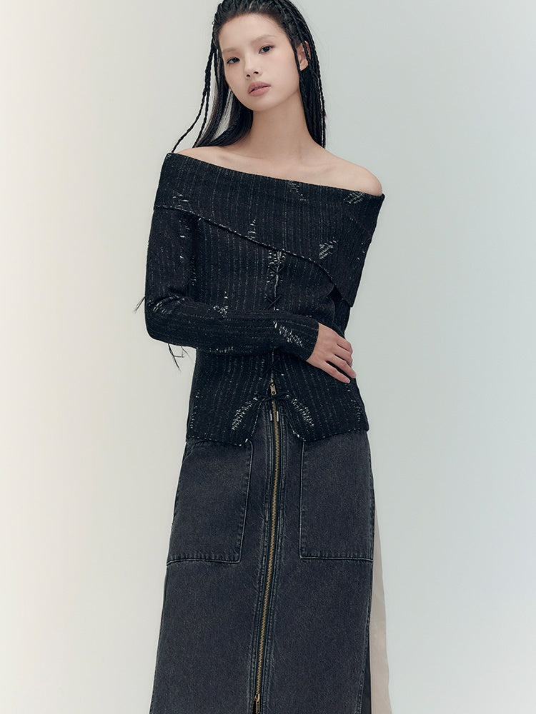 Off-Shoulder Denim Casual Dark Knit&Denim-Skirt