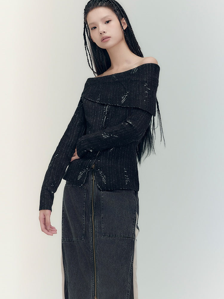 Off-Shoulder Denim Casual Dark Knit&Denim-Skirt