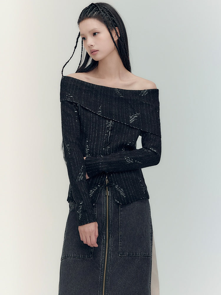 Off-Shoulder Denim Casual Dark Knit&Denim-Skirt
