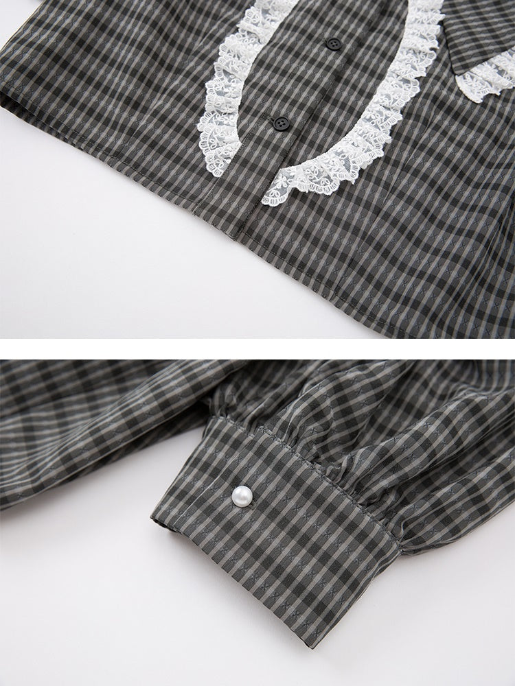 Lace Checked Girly Pleats Blouse&Short-Skirt