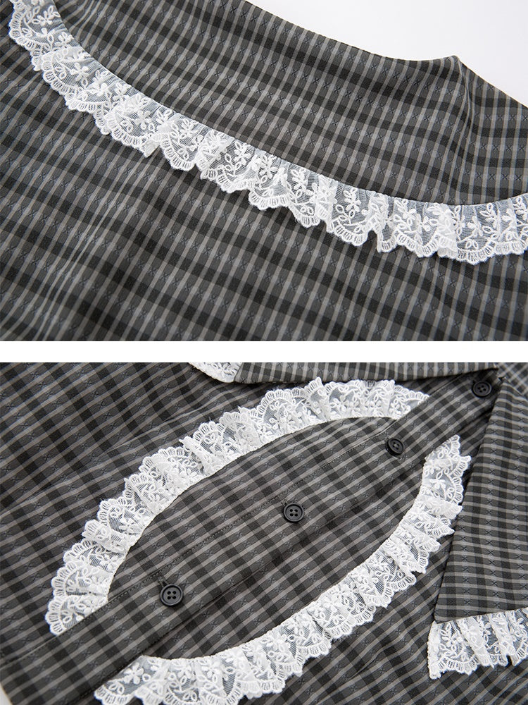 Lace Checked Girly Pleats Blouse&Short-Skirt
