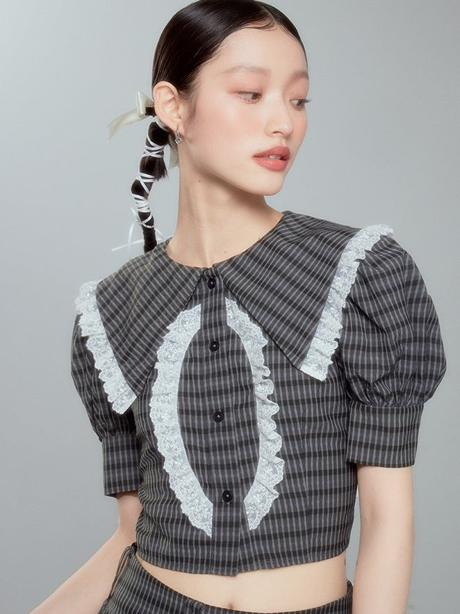 Lace Checked Girly Pleats Blouse&Short-Skirt