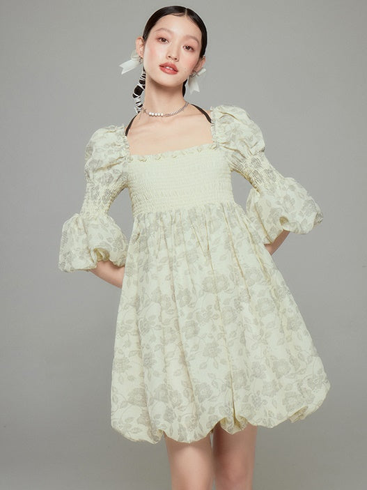 Balloon Flower Princess Puff-sleeves Gather Retro One-piece