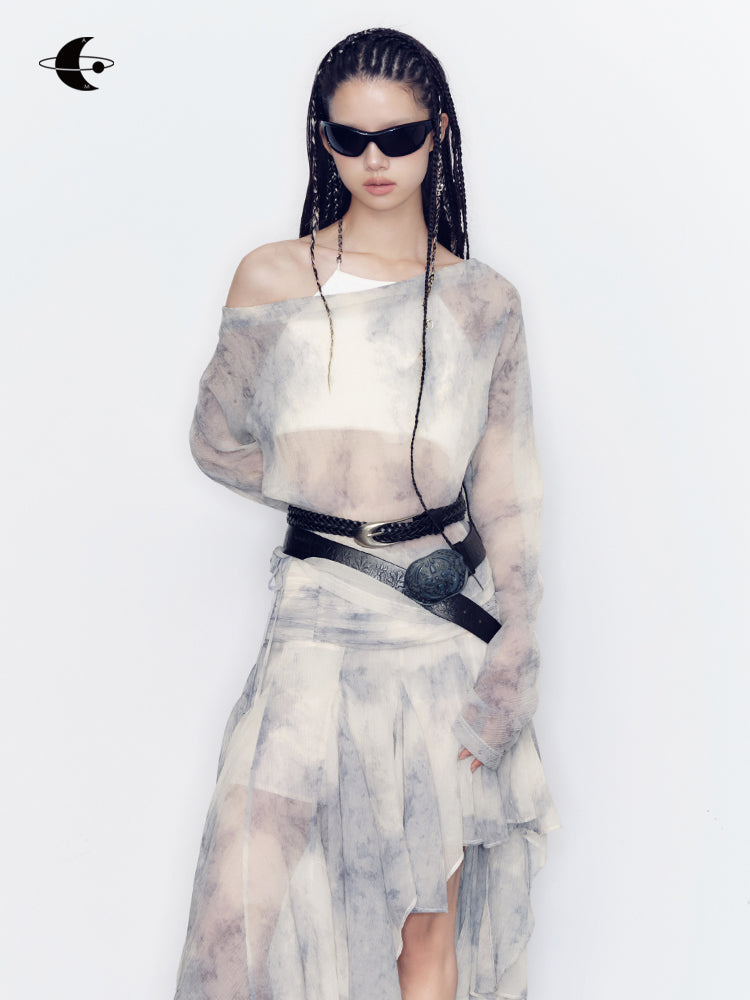 Tie-Dye Modest Chic Ciffon Tops&Mini-Skirt Set-Up