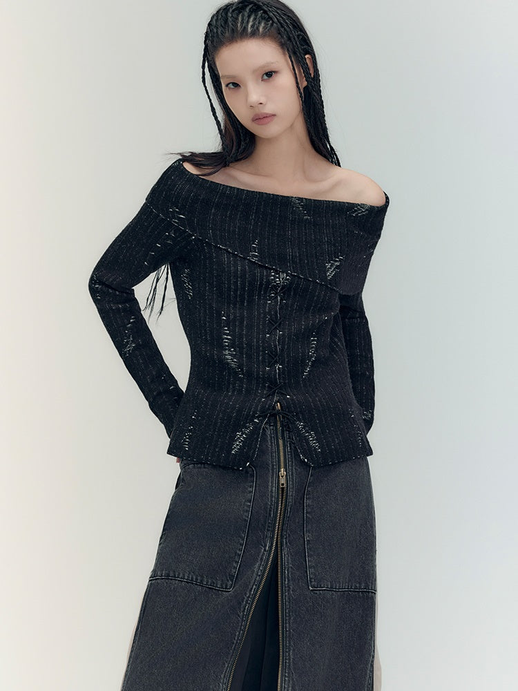 Off-Shoulder Denim Casual Dark Knit&Denim-Skirt