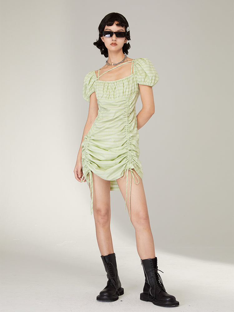 Square Neck Short Sleeve Pleated Dress