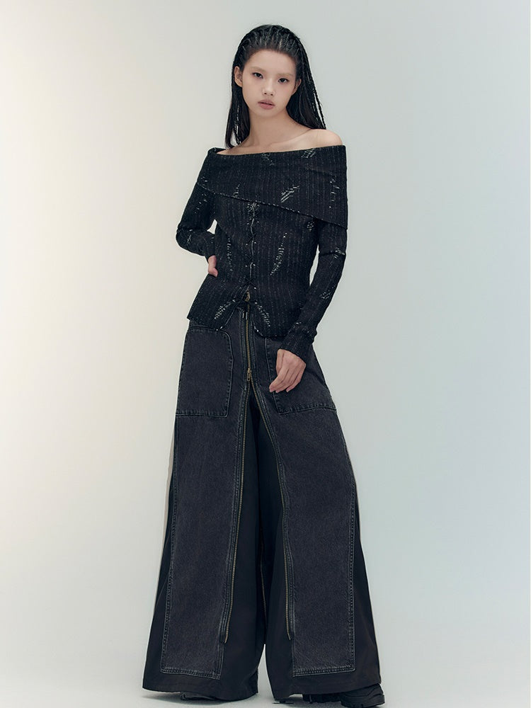 Off-Shoulder Denim Casual Dark Knit&Denim-Skirt