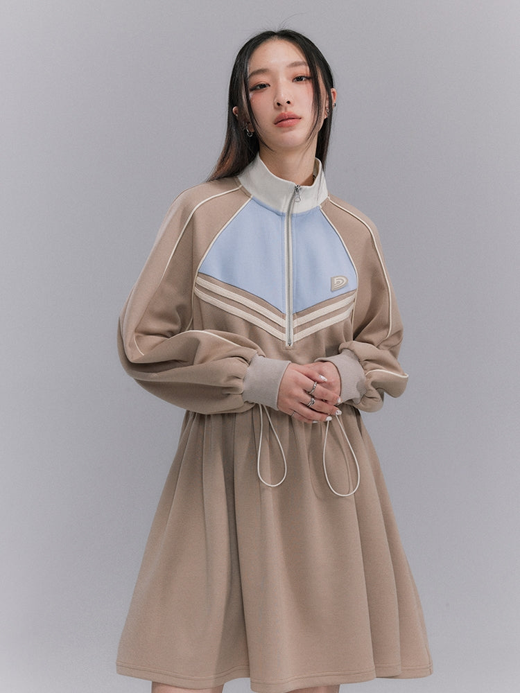 Drawstring Sporty Flare Stand-collar One-piece