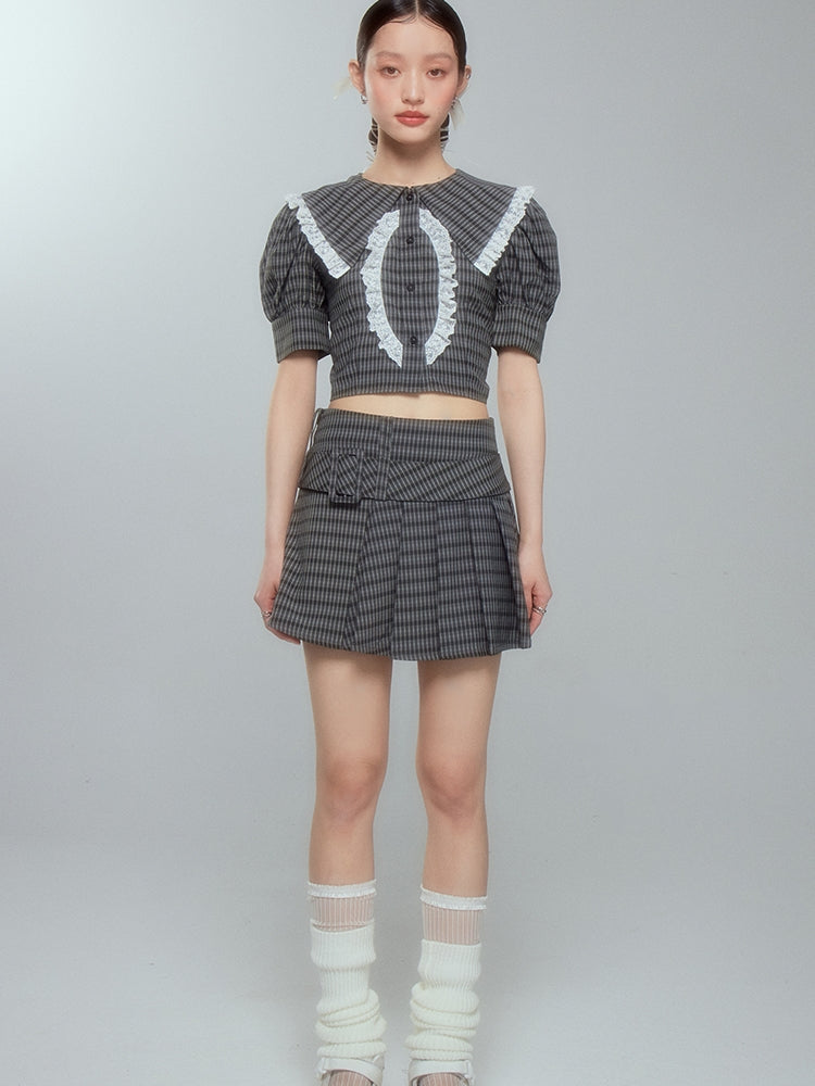 Lace Checked Girly Pleats Blouse&Short-Skirt