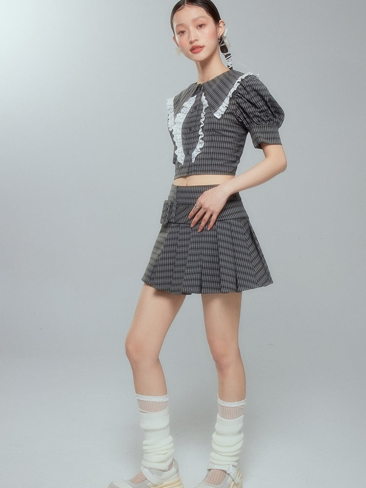 Lace Checked Girly Pleats Blouse&Short-Skirt