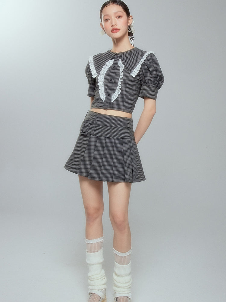 Lace Checked Girly Pleats Blouse&Short-Skirt