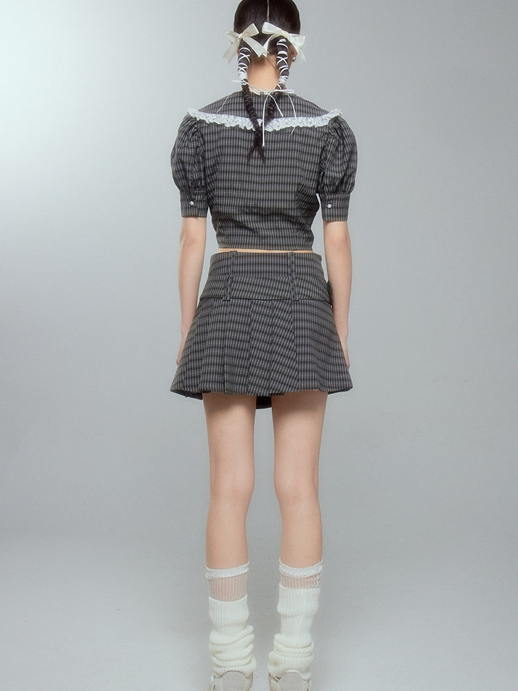 Lace Checked Girly Pleats Blouse&Short-Skirt