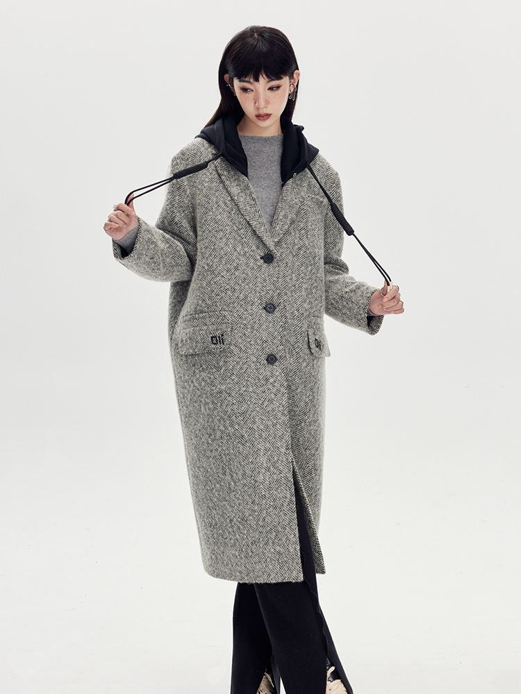 Bi-color Hoodie Long Casual Wool-Coat