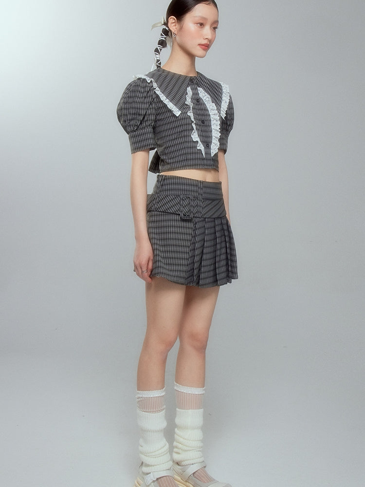 Lace Checked Girly Pleats Blouse&Short-Skirt