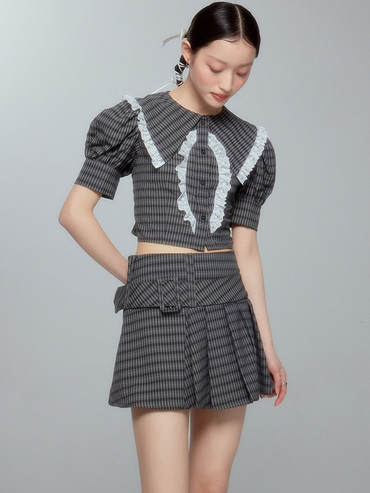 Lace Checked Girly Pleats Blouse&Short-Skirt