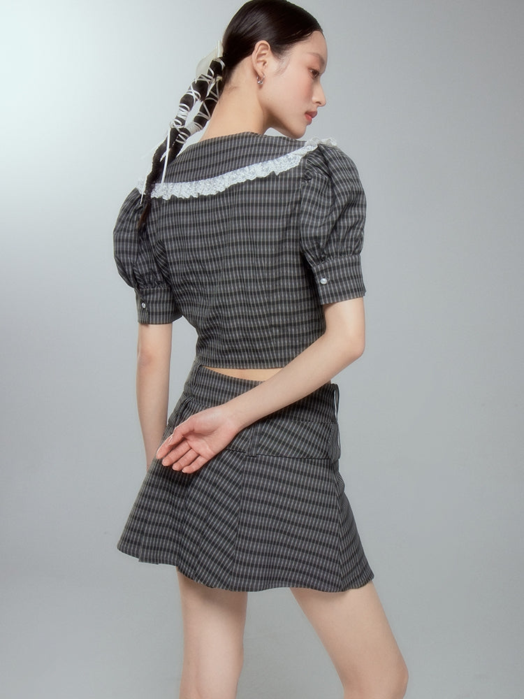 Lace Checked Girly Pleats Blouse&Short-Skirt