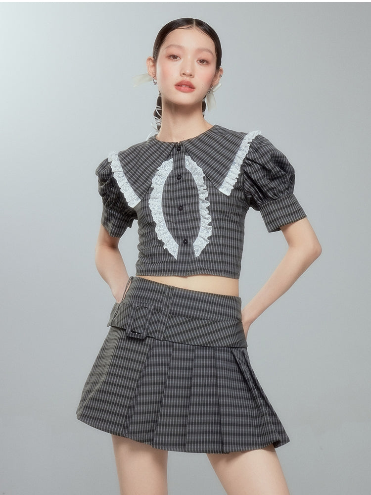 Lace Checked Girly Pleats Blouse&Short-Skirt