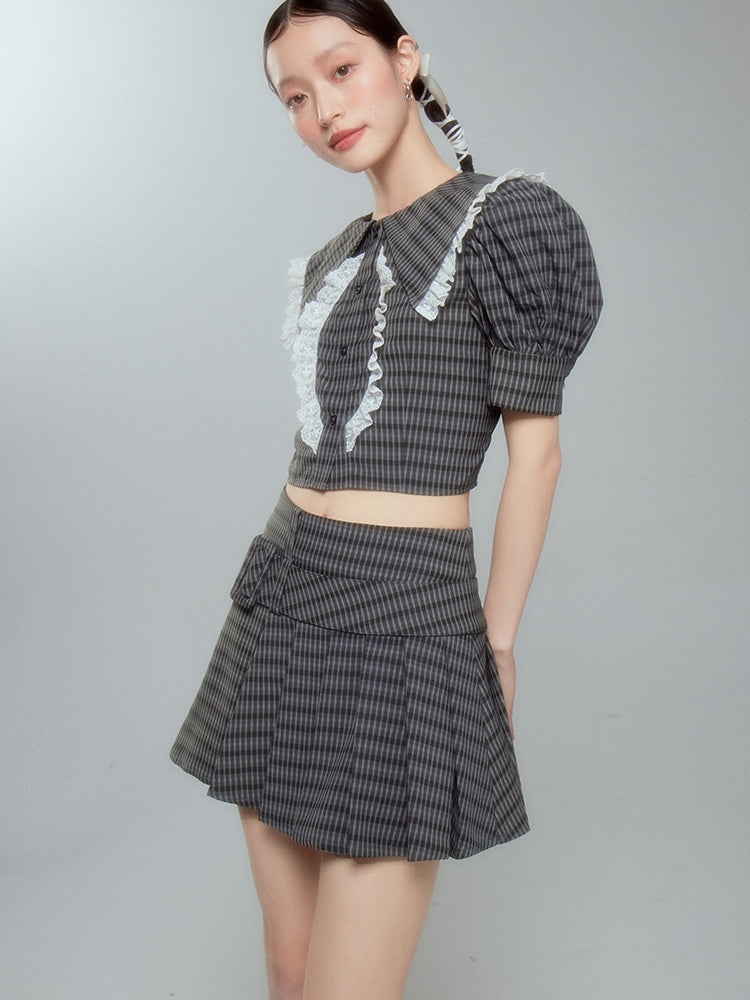 Lace Checked Girly Pleats Blouse&Short-Skirt