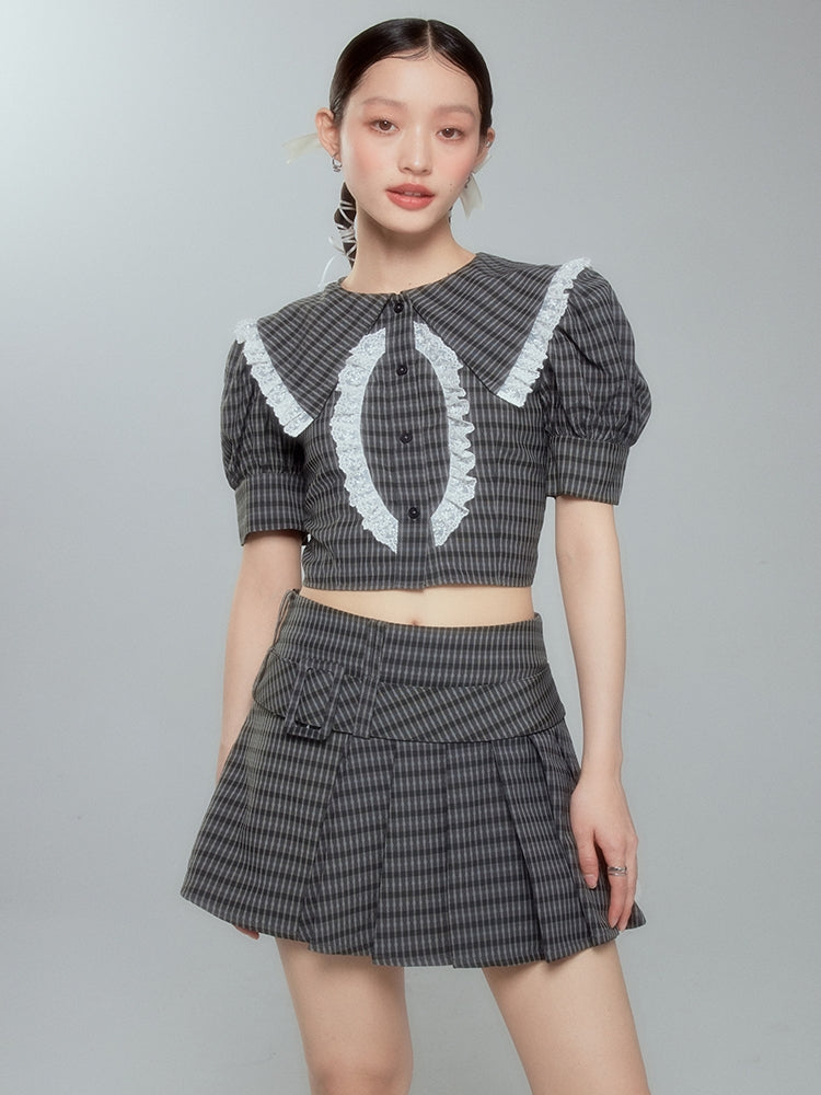 Lace Checked Girly Pleats Blouse&Short-Skirt