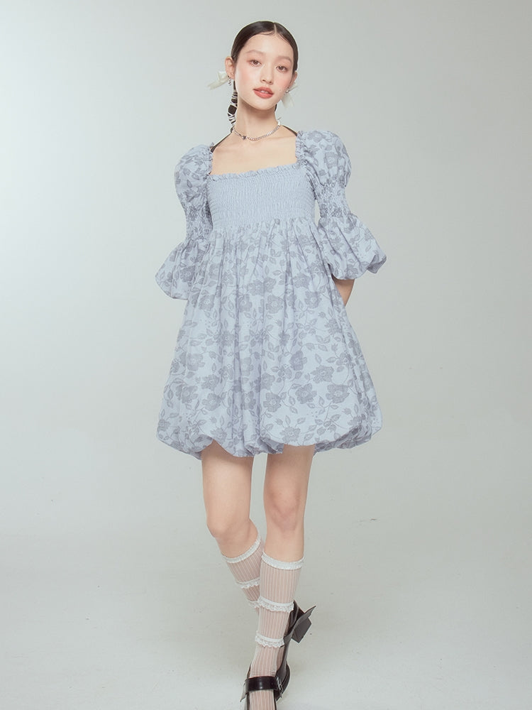 Balloon Flower Princess Puff-sleeves Gather Retro One-piece