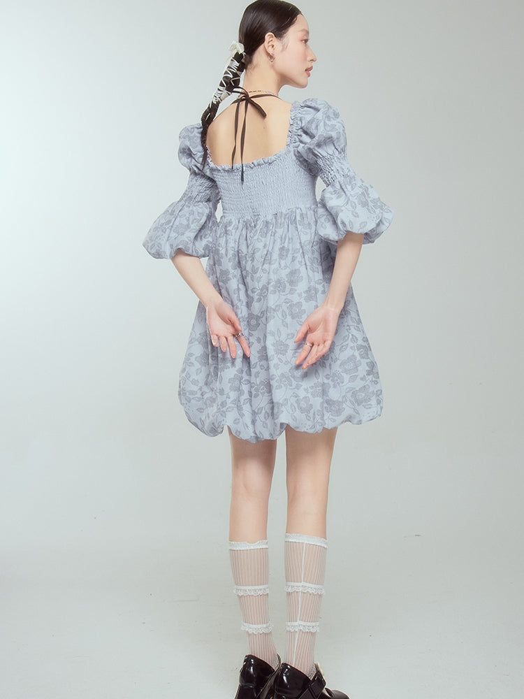 Balloon Flower Princess Puff-sleeves Gather Retro One-piece