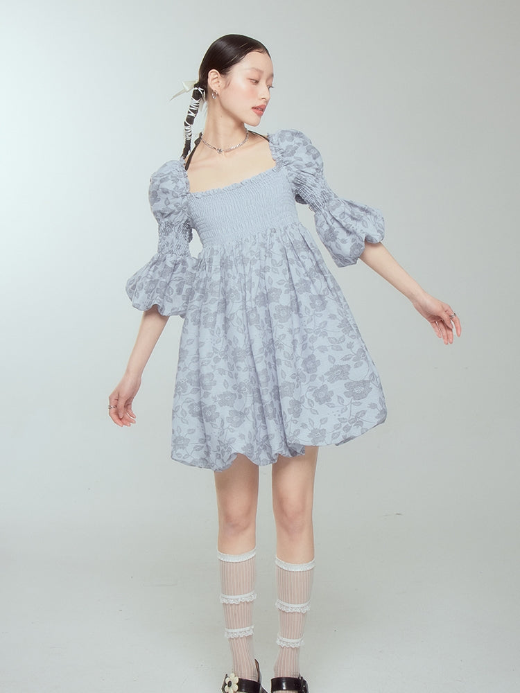 Balloon Flower Princess Puff-sleeves Gather Retro One-piece