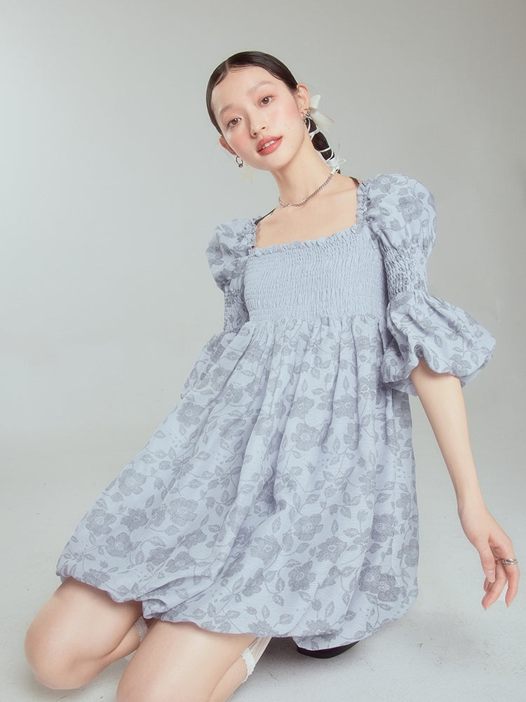 Balloon Flower Princess Puff-sleeves Gather Retro One-piece