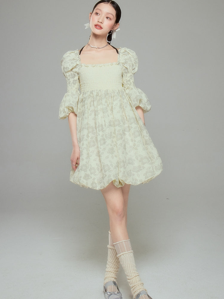 Balloon Flower Princess Puff-sleeves Gather Retro One-piece