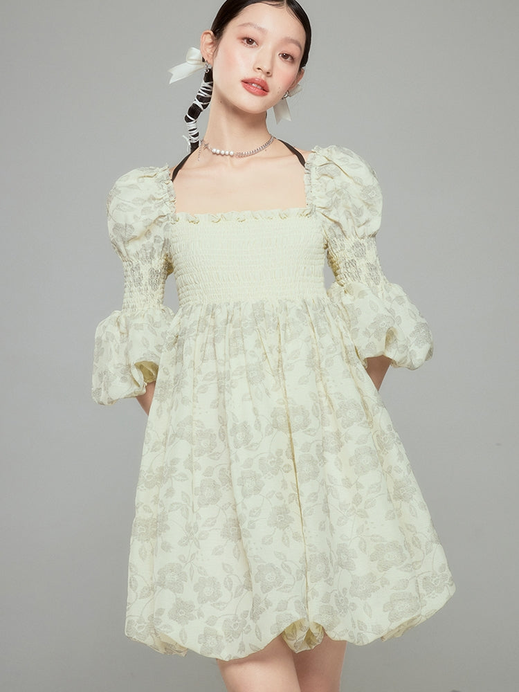 Balloon Flower Princess Puff-sleeves Gather Retro One-piece