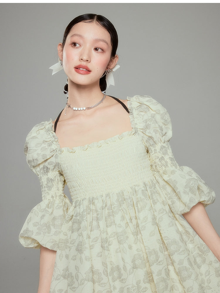 Balloon Flower Princess Puff-sleeves Gather Retro One-piece