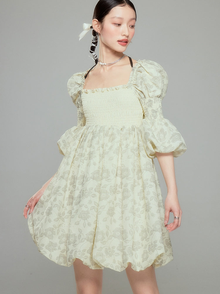 Balloon Flower Princess Puff-sleeves Gather Retro One-piece