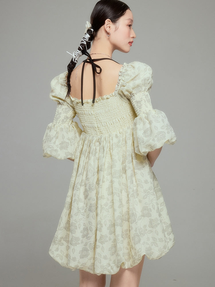 Balloon Flower Princess Puff-sleeves Gather Retro One-piece