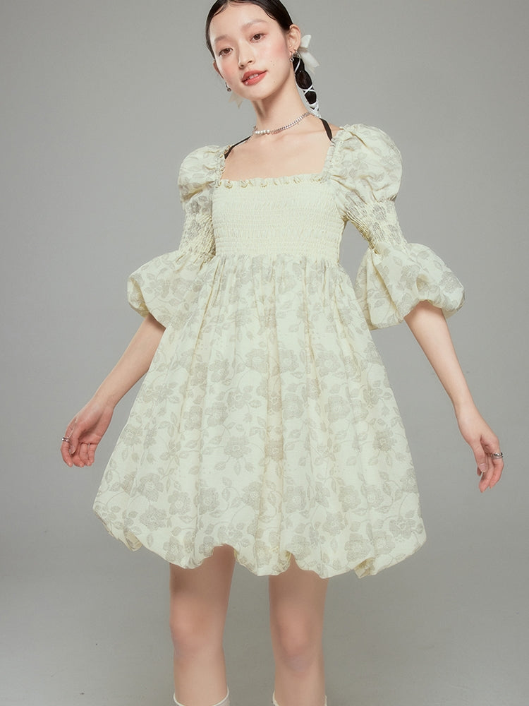 Balloon Flower Princess Puff-sleeves Gather Retro One-piece