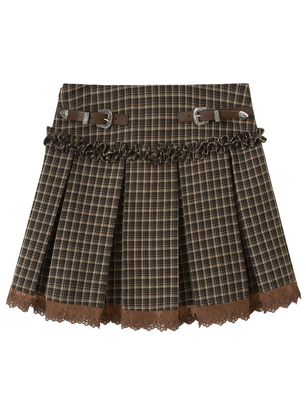 Belt Design Lace Pleated Skirt